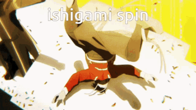 a cartoon of a person doing a handstand with the words ishigami spin on the bottom