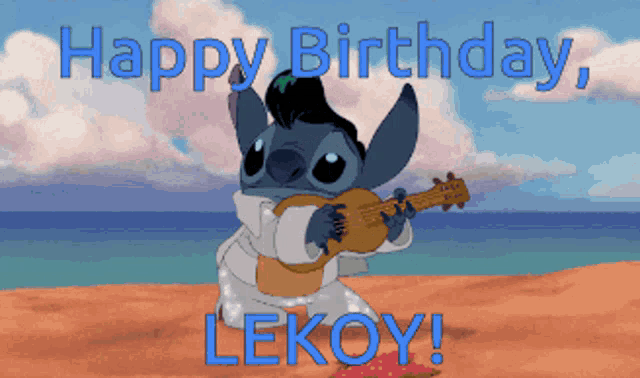 a cartoon character playing a guitar with the words happy birthday lekoy