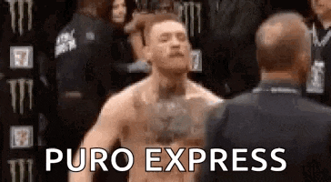 a man without a shirt is standing in front of a man in a suit and says puro express .