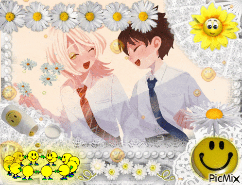 a picture of a boy and a girl surrounded by daisies and smiley faces with the word picmix at the bottom