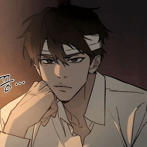 a drawing of a man with a bandage on his forehead and a hand on his chin