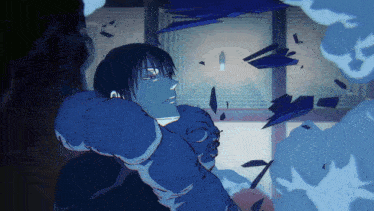 a drawing of a man in a blue jacket surrounded by blue pieces