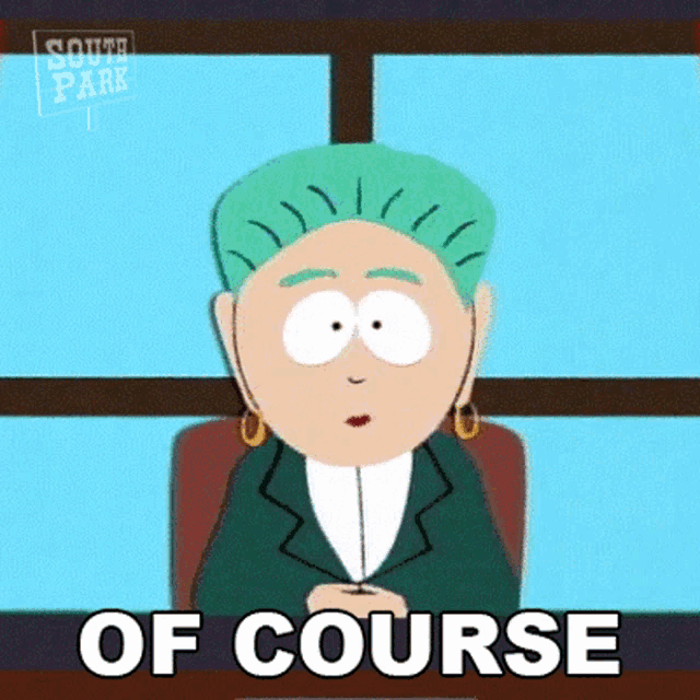 a cartoon of a woman with green hair is sitting at a desk with the words of course written in front of her .