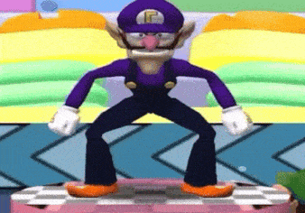 a cartoon character wearing a purple hat and overalls is standing on a checkered platform .
