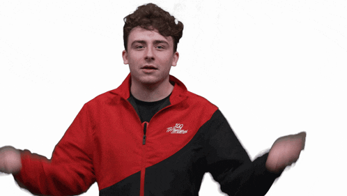 a young man wearing a red and black jacket with the word thunder on the front