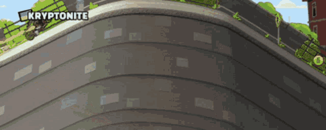a cartoon of a person riding a bike down a road with kryptonite written above them