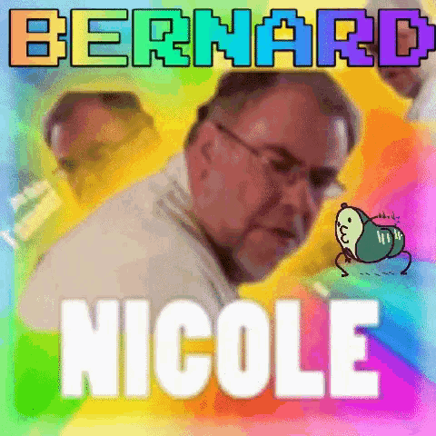 a man with glasses is standing in front of a rainbow background with the name bernard nicole .