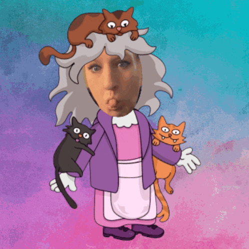 a cartoon drawing of a woman with three cats on top of her head