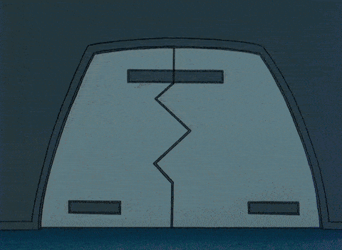 a cartoon drawing of a broken door with rays coming out of it