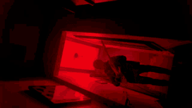 a person standing in a dark room with a red light