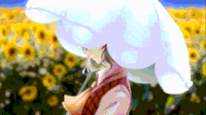 a pixelated image of a person holding an umbrella in front of a field of sunflowers