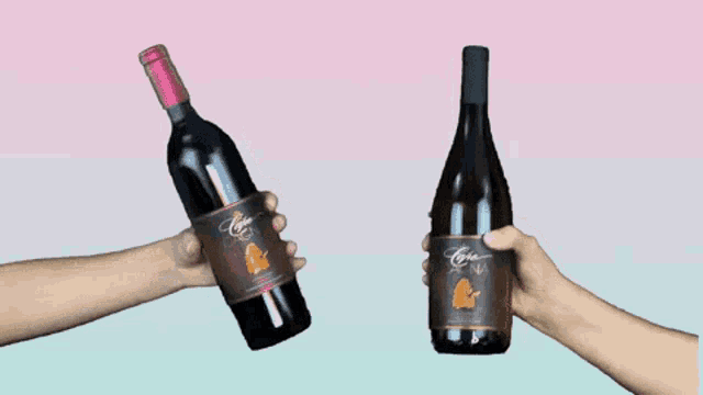 two hands holding bottles of wine one of which is a bottle of cabernet