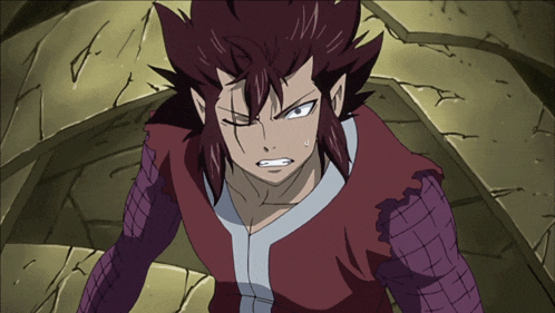a cartoon character with a red shirt and purple sleeves has a surprised look on his face