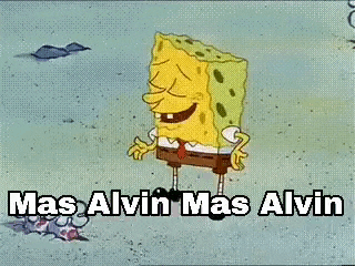 a cartoon of spongebob squarepants laughing with the words `` mas alvin mas alvin '' written below him .