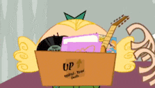 a cartoon character is holding a box with the word up on it