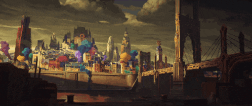 a painting of a city with a bridge and balloons in the background