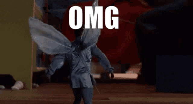 a man with angel wings is looking at a cat with the words omg a cat