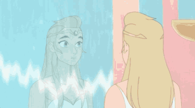 a cartoon of a woman standing in front of a mirror looking at her reflection .