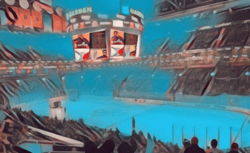 a hockey game is being played in a stadium with a scoreboard that says maden