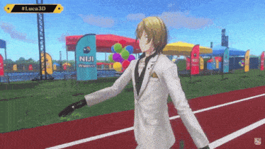 a man in a white suit is walking on a track in front of a sign that says niji