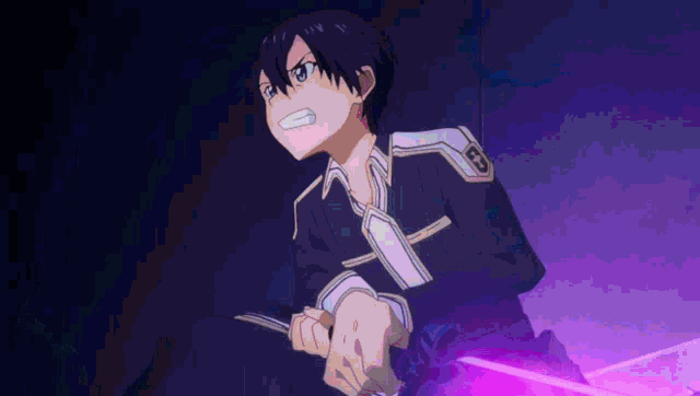 a cartoon character is holding a purple sword in his hand