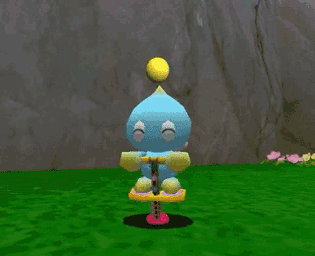 a cartoon character with a yellow ball on top of his head is sitting on a seesaw