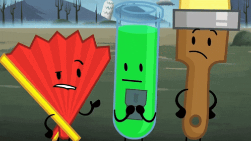 a red fan a green test tube and a paint brush all have faces on them