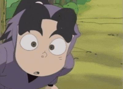 a cartoon character with big eyes and a purple shirt