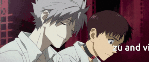 two anime characters are standing next to each other and the words zu and u are visible