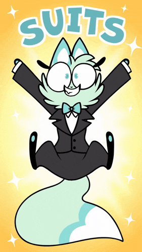 a cartoon of a fox wearing a tuxedo and bow tie with the word suits above it