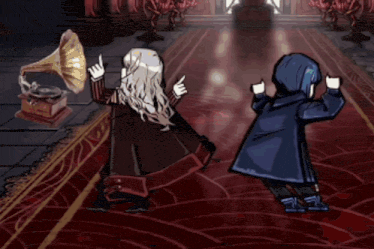 two cartoon characters are dancing in a room with a phonograph in the background