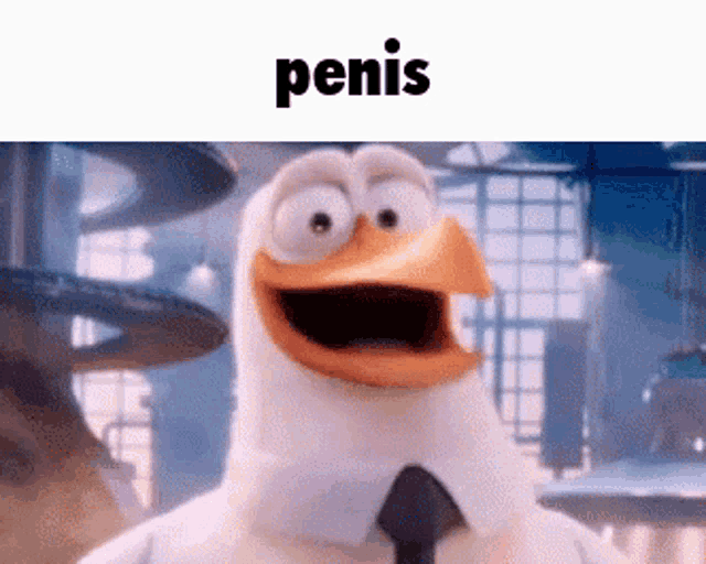 a cartoon duck wearing a suit and tie is laughing with the word penis above it .