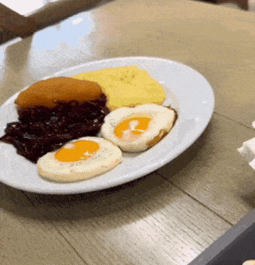 a plate of food with eggs and mashed potatoes on the table