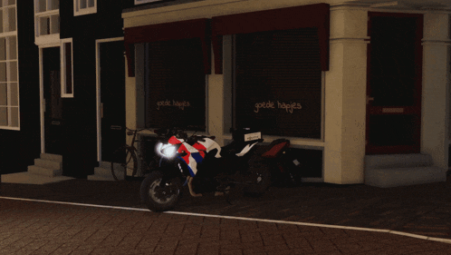 a motorcycle is parked in front of a store that says " goede hapjes "