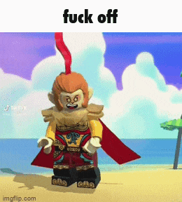 a lego monkey is standing on a beach with the words fuck off below him