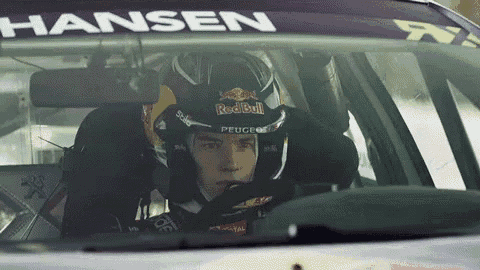 a man in a red bull helmet is driving a car