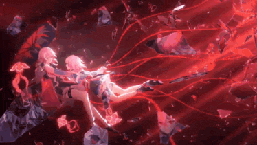 a couple of anime girls are sitting on a rock surrounded by red ribbons