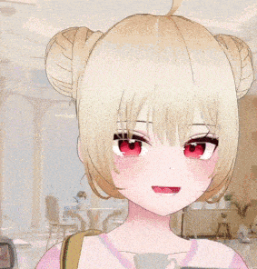 a girl with blonde hair and red eyes holds a cup