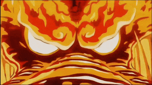 a close up of a cartoon character with flames coming out of his eyes