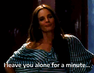 a woman in a striped shirt says " leave you alone for a minute ... "