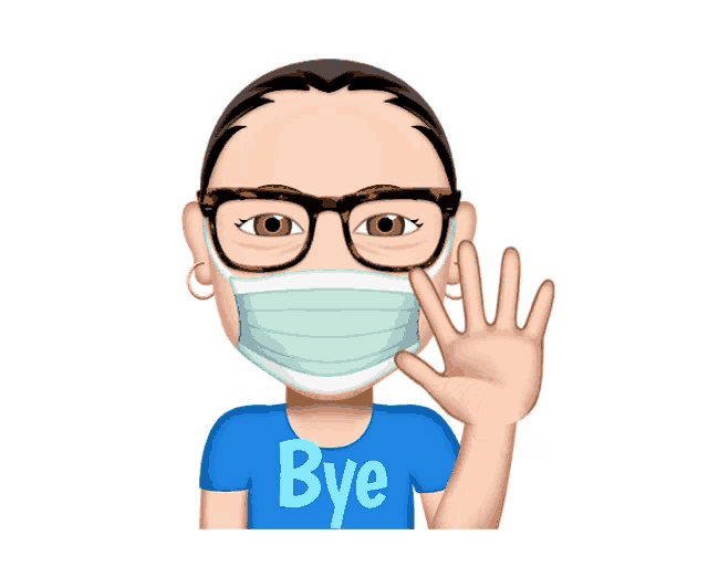 a woman wearing a face mask and a blue shirt that says bye