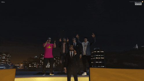 a man in a suit stands in front of a group of people with their hands in the air in a video game