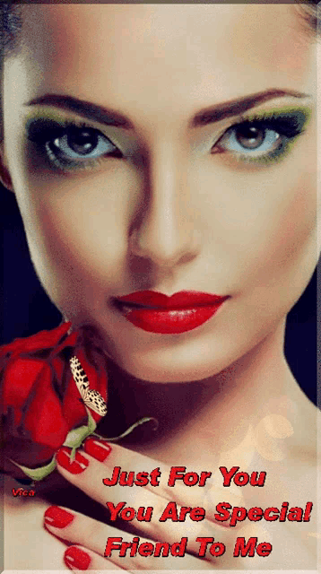 a woman with red lipstick and red nails is holding a red rose