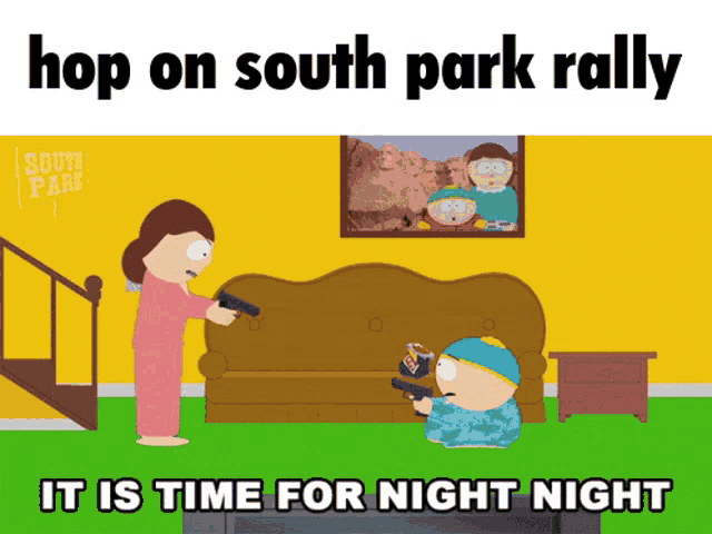 a cartoon of a woman holding a gun next to a boy holding a gun with the caption hop on south park rally