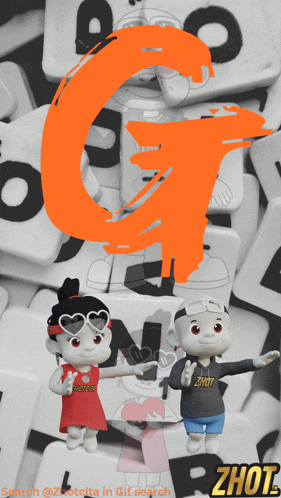 a couple of cartoon characters standing next to each other with the letter g behind them