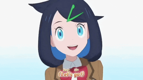 a cartoon girl with blue hair and a green v on her forehead is smiling and saying `` let 's go '' .