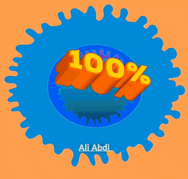 a blue circle with the word 100 % in orange letters
