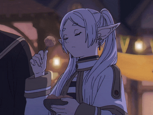 a drawing of a girl with long white hair and ears holding a bowl of food