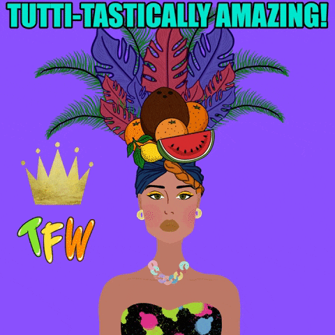 an illustration of a woman with fruit on her head with the words tutti-tactically amazing