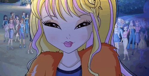 a cartoon girl with blonde hair and purple highlights